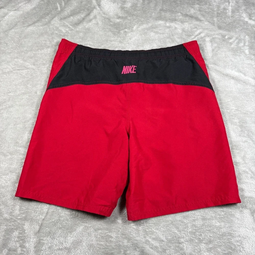 Vintage Nike Swim Shorts Men Small Red Black Silver Tag Board Trunks Embroidered